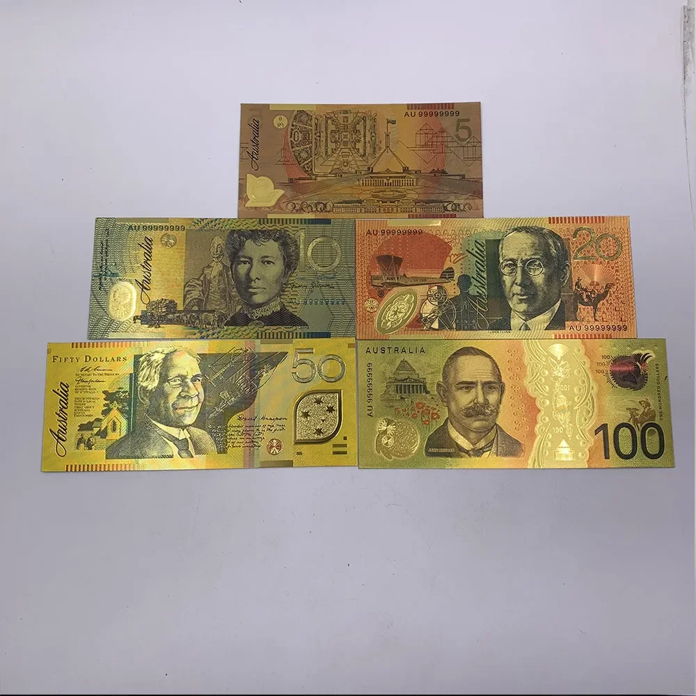 5 pcs Australia 5 10 20 50 100 AUD Dollar Gold Foil Banknote For Collection