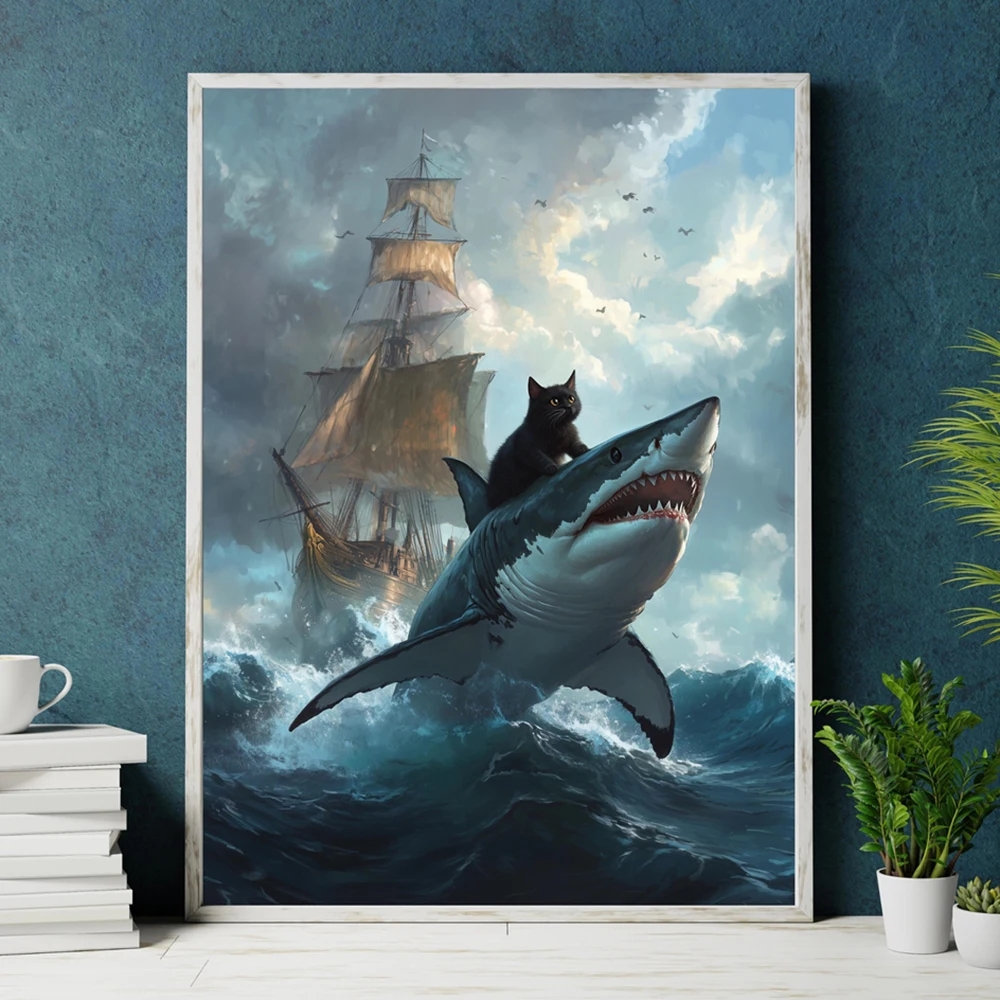 Black Cat in a Sea Ride the Shark Wall Art Prints Funny Black Cat Wall Decor Maximalist Cat Wall Art Poster Black Cat Canvas Art