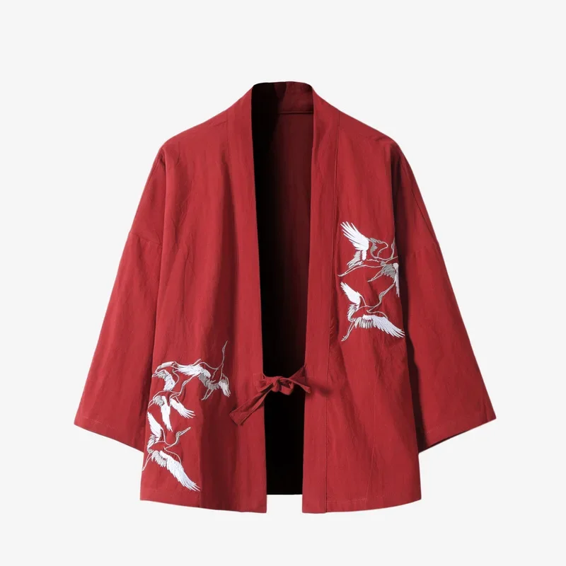 Japanese Style Kimono Robes Traditional Crane Print Haori Cardigan Asian Clothes Samurai Yukata Men Jackets Hip Hop Streetwear