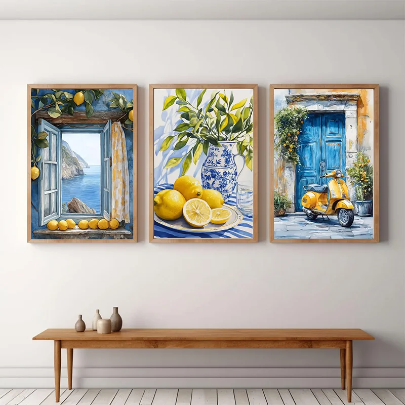 （Unframe 3PCS）-3PCS Mediterranean Italian Lemon Themed Posters  Summer Seaside Wall Decoration  Retro Wall Art  Canvas Painti