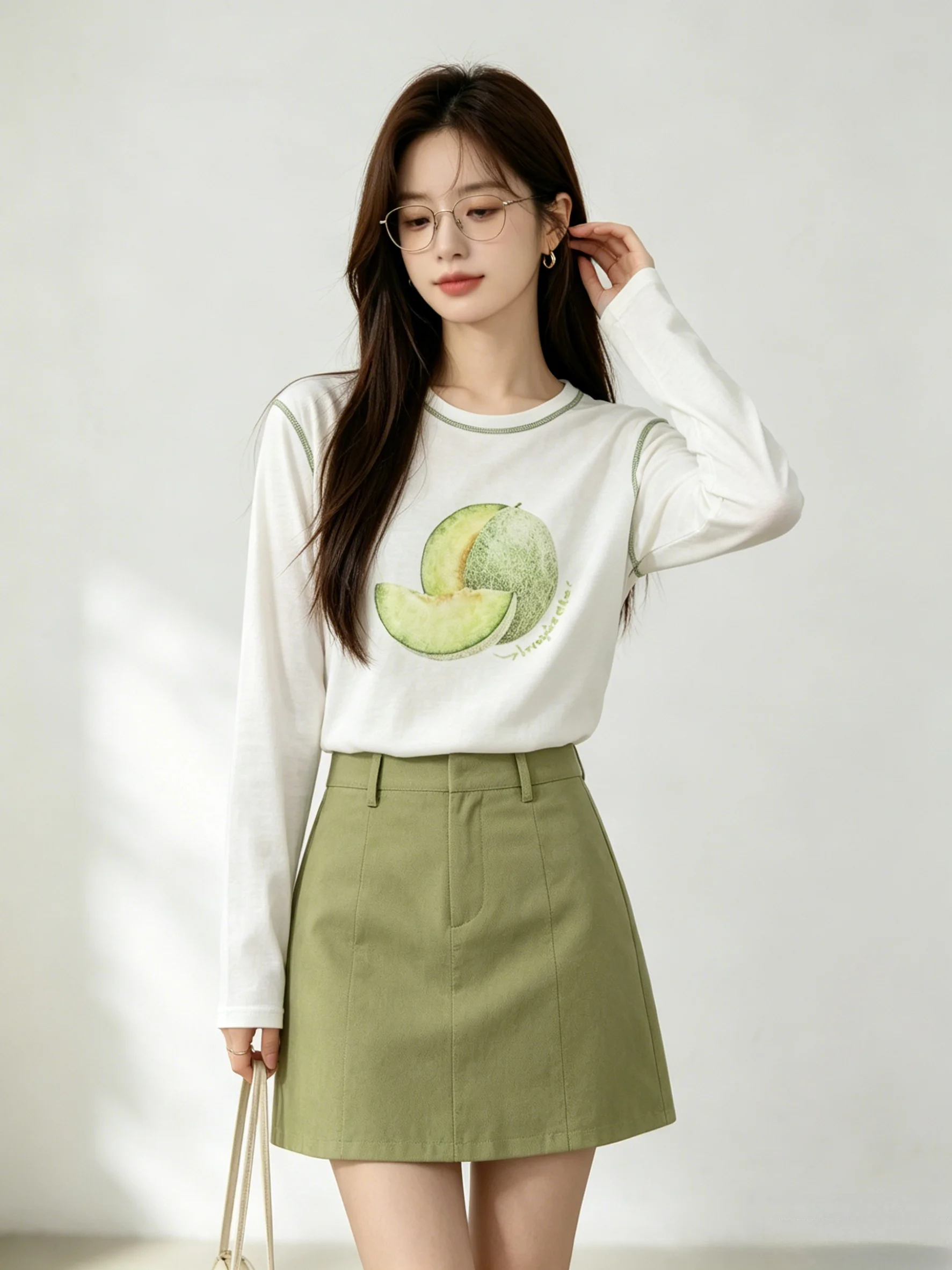 

Summer Thin Lazy Style Fruit Print Long Sleeve T-Shirt White round Neck Loose Base Shirt Sun Protection Casual Loose Top