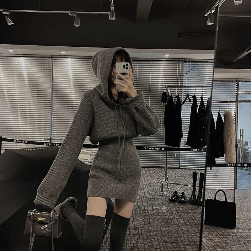 

MEXZT Streetwear Knitted Mini Dress Women Hooded Sweater A Line Dresses Winter Korean Solid High Waist Slim Casual Vestidos New