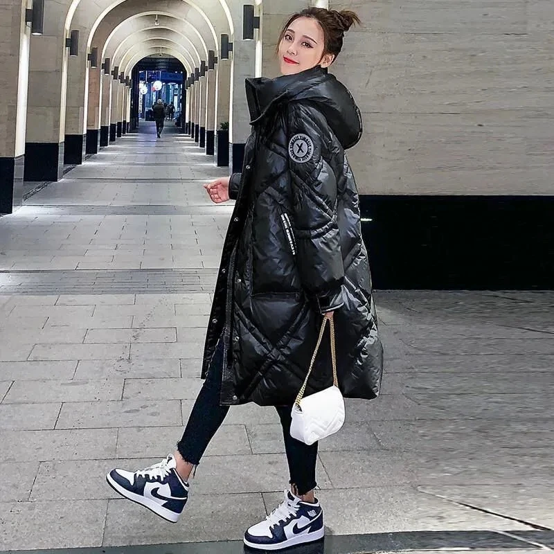 

Shiny Down Padded Women's Hooded Jacket Winter Woman 2022 Korean Fashion Loose Mid-length Thick Parka Plus Size Women's Coat