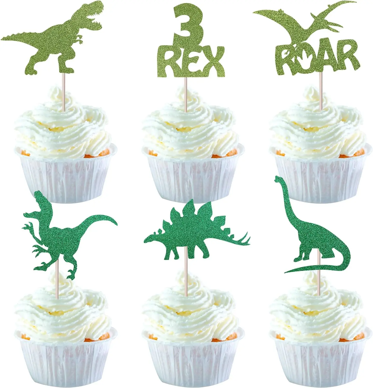 24 PCSPack Dinosaur Cupcake Toppers Glitter 3 Rex Roar Dinosaur Cupcake Picks Three Years Old Dino Theme Baby Shower Third Birth