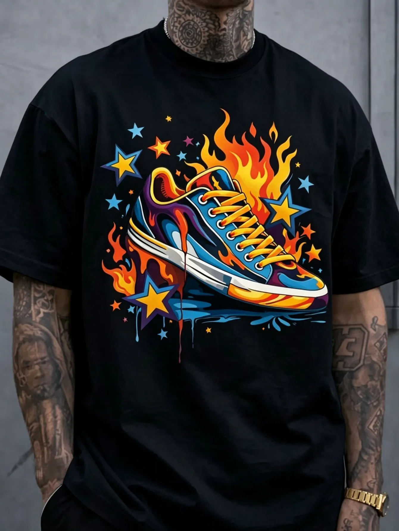 Men's Fit Crew Neck Short Sleeve Flame & Sneaker Star Graphic T-Shirt - Hip Hop Streetwear Tee Suitable for Skateboarding, Casual Daily Wear, Machine Washable Skate Style Outfits with Flame Print