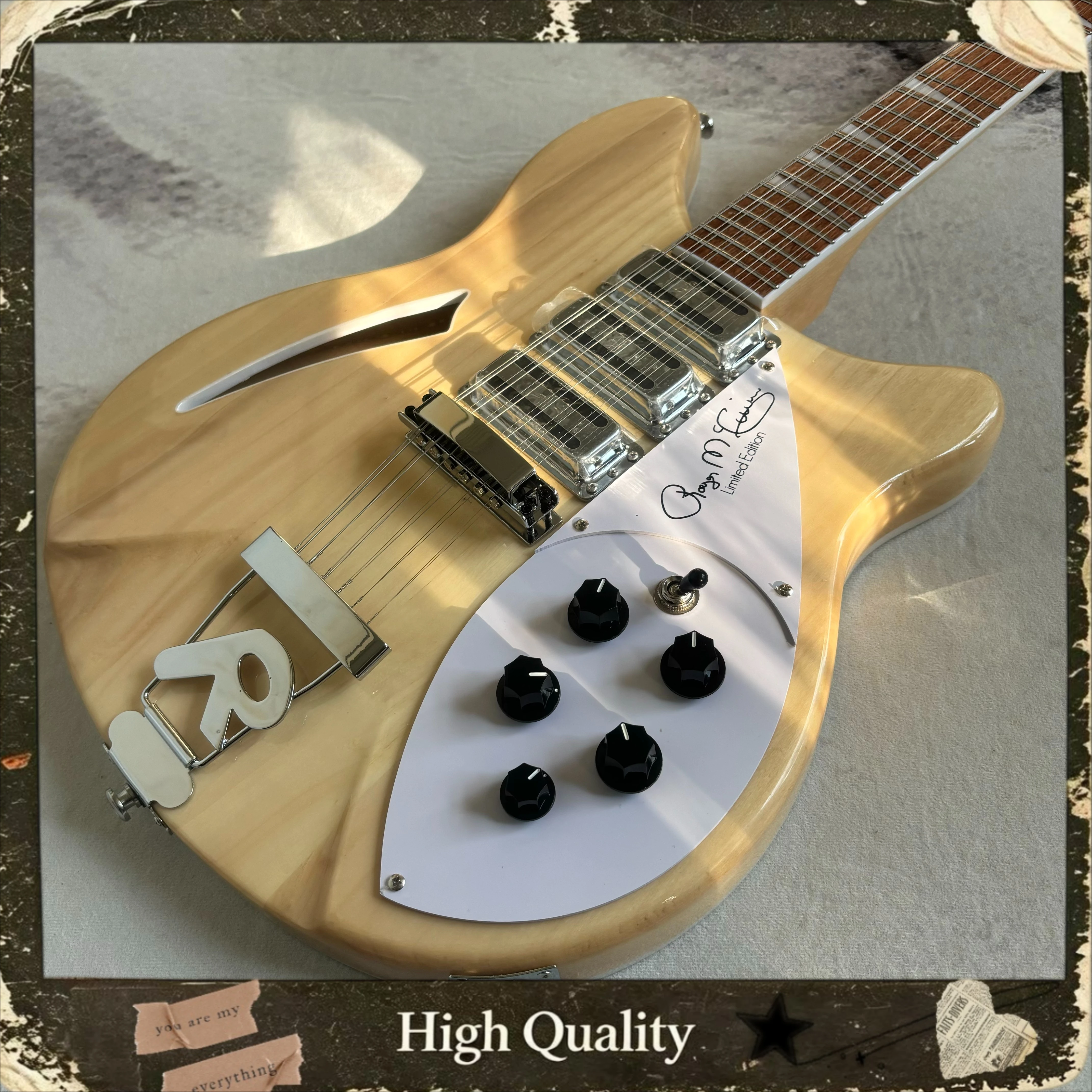 Natural Wood Color Hollow R Shape Electric Guitar White Pickguard Signature Model Dual Pickups Vintage Jazz Rock Guitar
