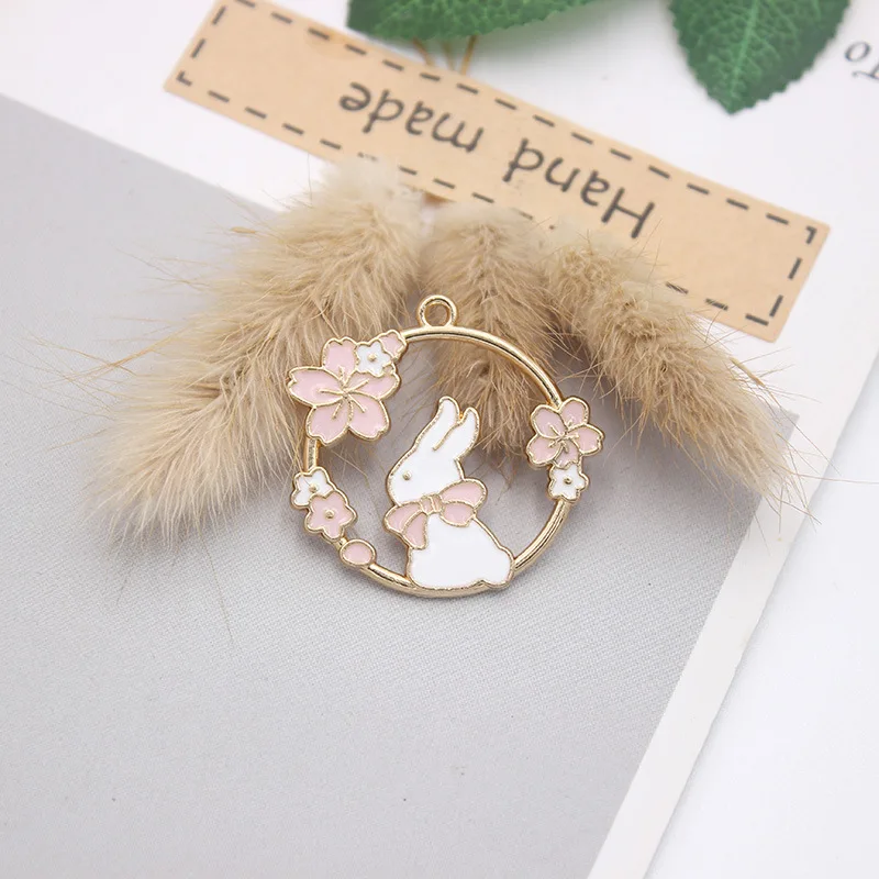 10pcs/Lot Pink Wreath Cat Rabbit Shape Enamel Charms Alloy Drip Oil Cherry Blossoms Flowers Keychain Bracelet Earring Pendant