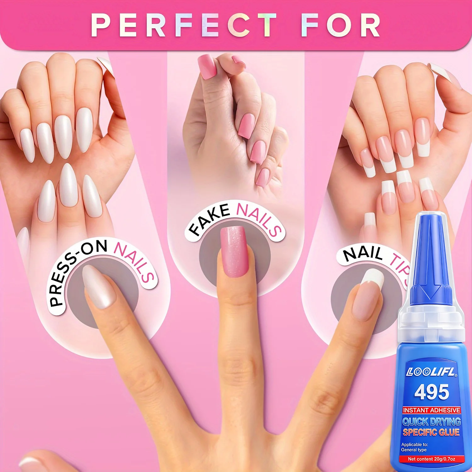 LOOLIFL Superstarker Nagelkleber für künstliche Nägel, weiche Nagelspitzen, schnell trocknend, geeignet für Anfänger in der Nagelkunst, langanhaltender Kleber – Detail 5