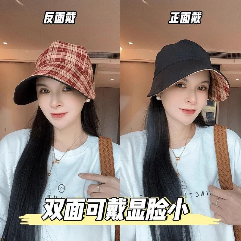 

Korean Version Versatile Double-sided Plaid Cap Women's Spring and Summer New Casual Bucket Hat Outdoor Sunshade Sunscreen Cap