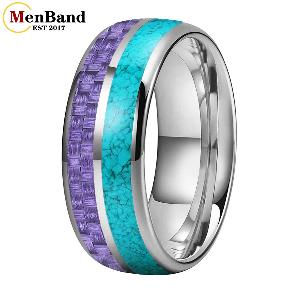

MenBand 6 мм 8 мм для мужчин и женщин, вольфрамовое кольцо для брака, купол с двойной канавкой, инкрустированное фиолетовым углеродным волокном и бирюзой, удобная посадка