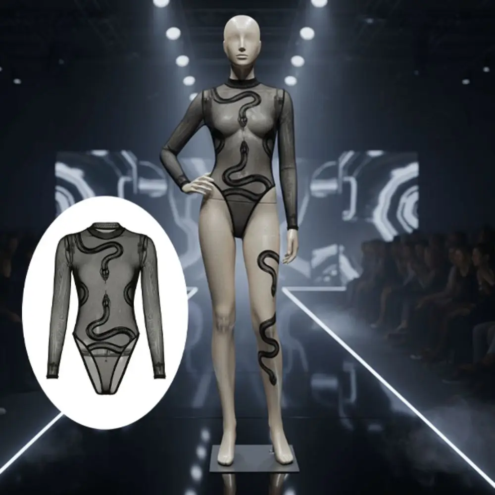 Fashion Snake Long Sleeve Lace Jumpsuit Seamless High Waist Mesh Thin Shapewear Romper Transparent Slim Fit Bodysuit Female