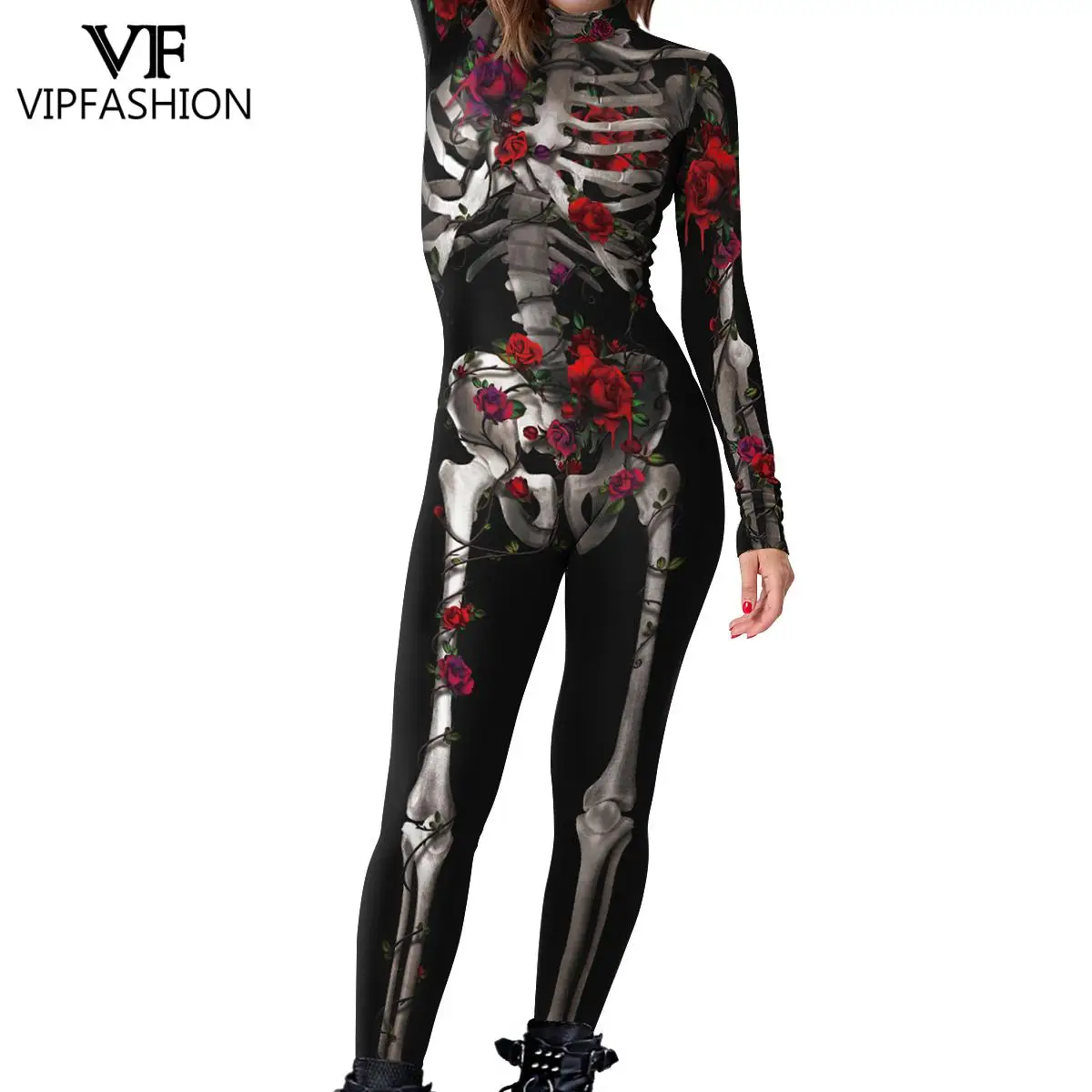 VIP FASHION Woman Day Of The Dead Cosplay Costume Halloween Rose Skeleton Jumpsuits Ladies Sexy Zentai Suit Fancy Party Clothes