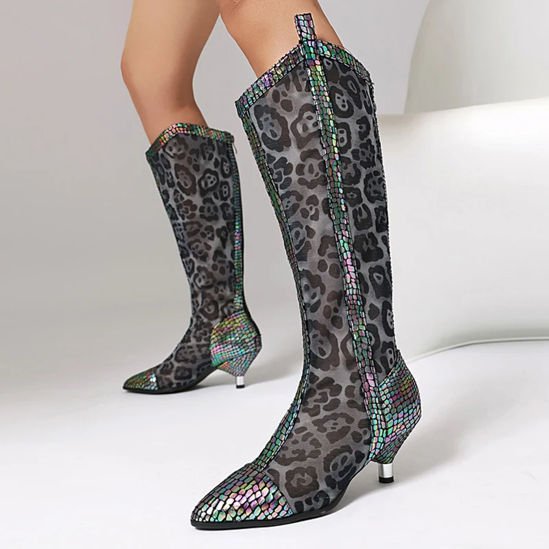 Women Summer Mesh Knee High Boots Dress Leopard Patchwork Shoes Low Spike Heels Side Zipper V-shaped Top Long Boots