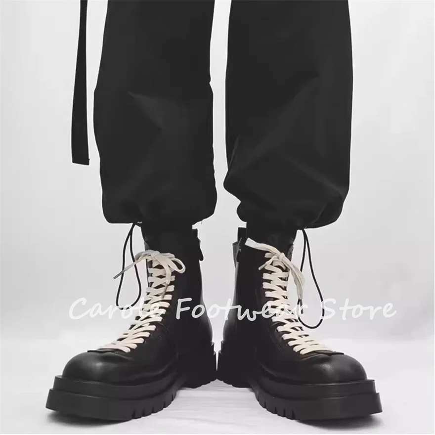 

British Style Chunky Bottom High Top Lace-up Boots for Men Black Leather Side Zipper Motorcycle Boots Male Western Cowboys Boots