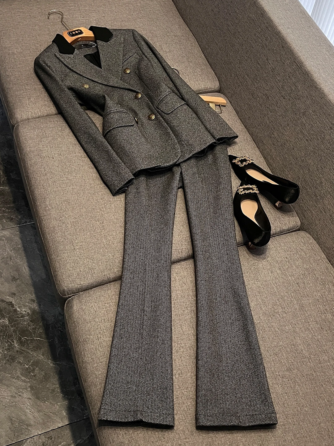 

Элитный деловой костюм-двойка: формальный твидовый зимний утепленный двубортный шерстяной пиджак и брюки для женщин