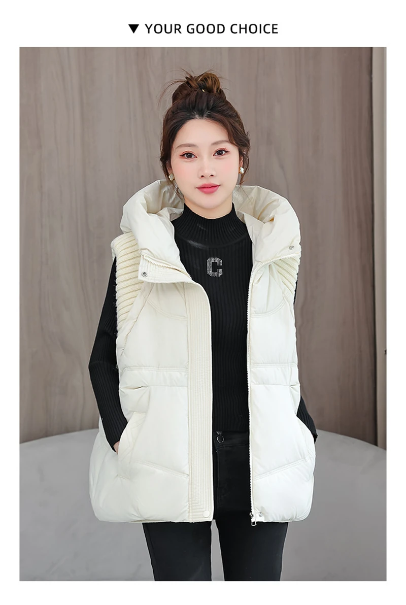 A-word Vest Down Cotton Padded Jackets Short Waistcoat Mid-Length Slim Hooded Autumn Winter Jackets Solid Women's Coats Trend