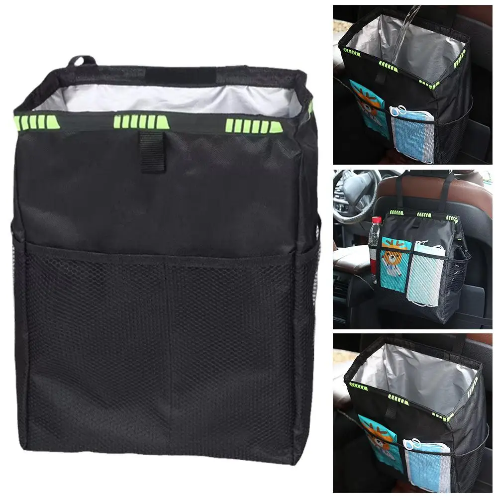 Cubo de basura para coche, práctico soporte para pañuelos, Organizador a prueba de fugas, bolsa de almacenamiento, cubo de basura para asiento trasero de coche con hebilla de liberación ajustable