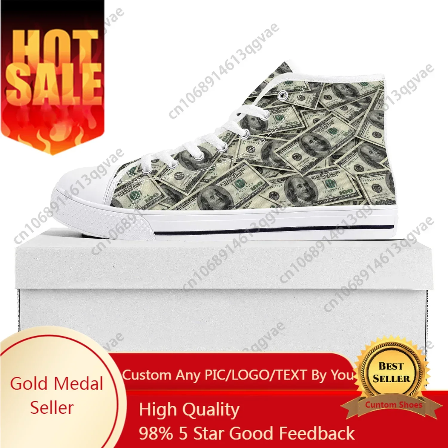 

Dollar Printed Popular High Top High Quality Sneakers Mens Womens Teenager Canvas Sneaker Casual Couple Shoes Custom Shoe White