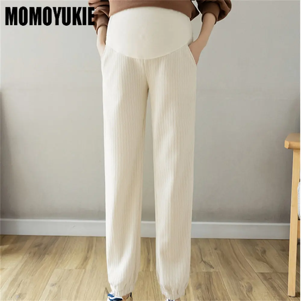 

Autumn Winter Warm Corduroy Maternity Pants Wide Leg Loose High Waist Belly Support PantClothes For Pregnant Women Casual Pants