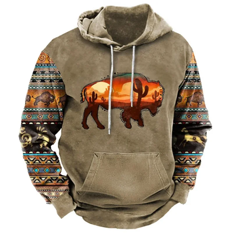 2024 New Men\'s Hoodie Vintage Cow Printed Oversized Hooded Sweatshirts Pullovers Casual Long-sleeved Men Clothing Streetwear