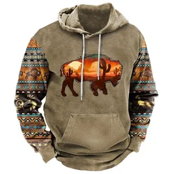 2024 New Men's Hoodie Vintage Cow Printed Oversized Hooded Sweatshirts Pullovers Casual Long-sleeved Men Clothing Streetwear