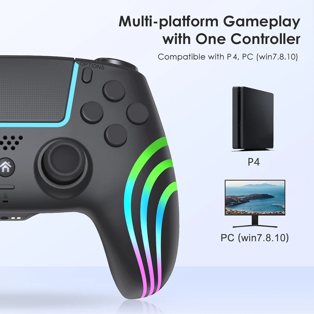 Dupla Vibração Gamepad Sem Fio, Controlador Bluetooth, Consola De Jogos, Joystick, Punho Luminoso, PS4