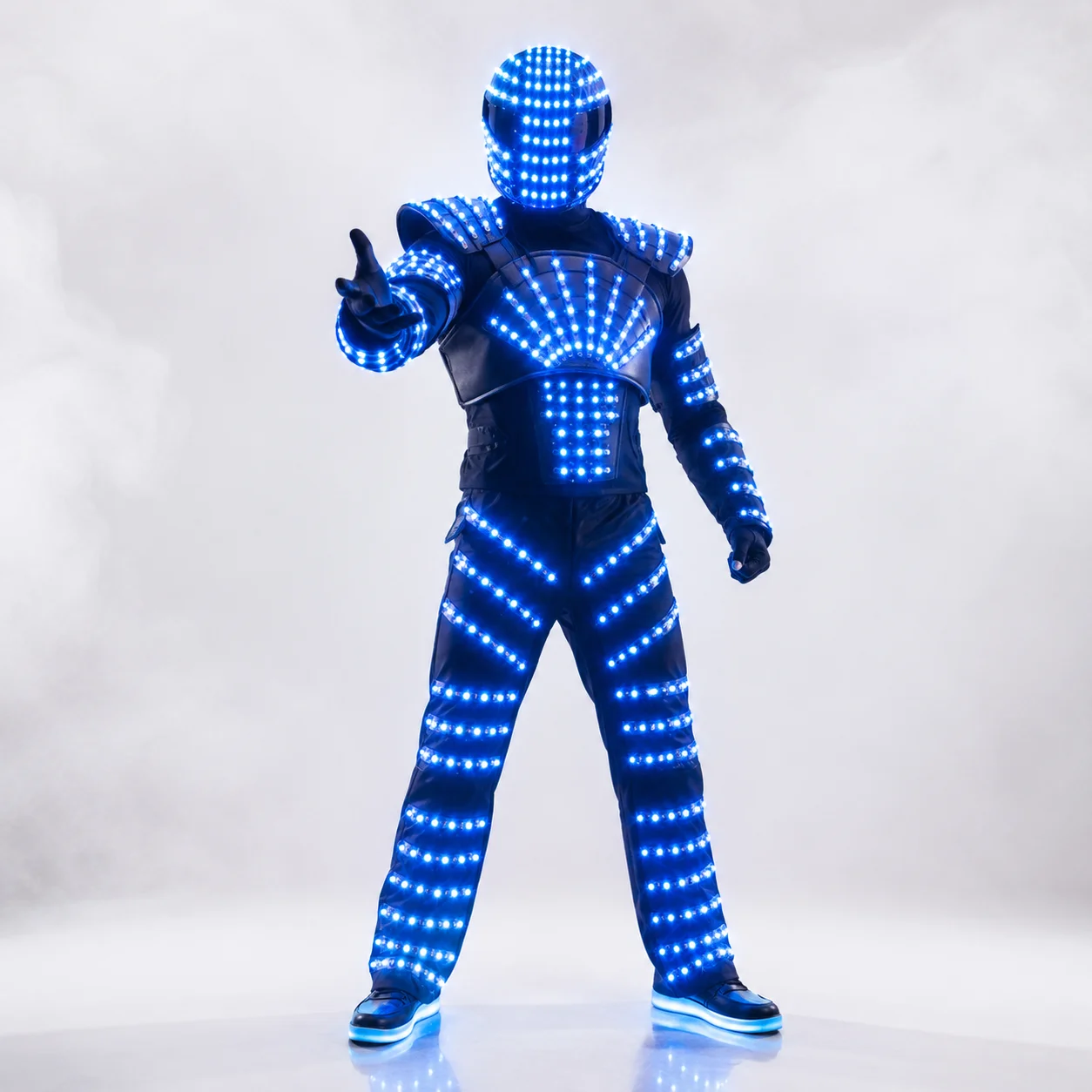 Rechargeable RGB LED Robot Costume with Helmet Remote Control Light Up Armor Suit for DJ Nightclub Stage Dance Performance