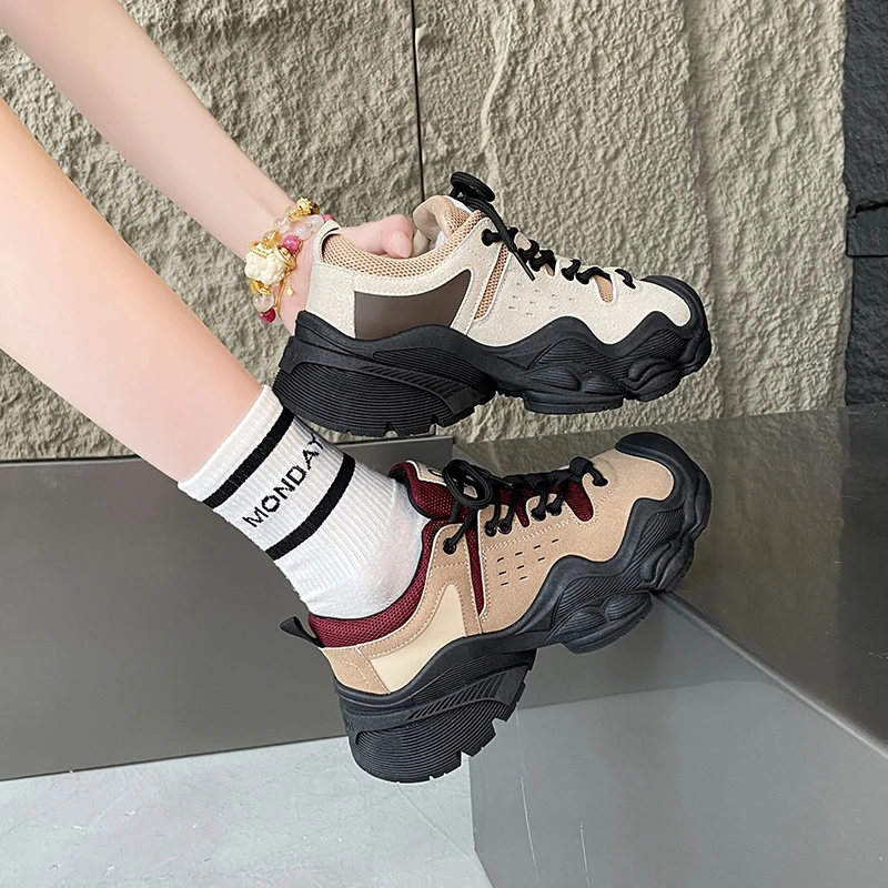 Frauen Einzelnen Schuhe Herbst Neue Dicke Sohle Mesh Lace-up Wanderschuhe Casual Komfort Erhöhen Atmungsaktive Nicht-slip papa Schuhe