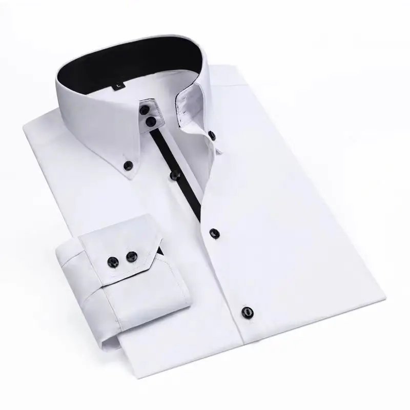 Men\'s Slim Fit Dress Shirts with Drill Buckle Turtleneck, Long Sleeves White Shirts, Male Fashion Casual Office Business Shirts