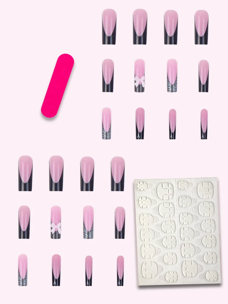 24-piece Long Coffin-shaped Black White Zebra-patterned 3D Bowknot Rhinestones Detachable ABS Full Cover False Nails Suitable