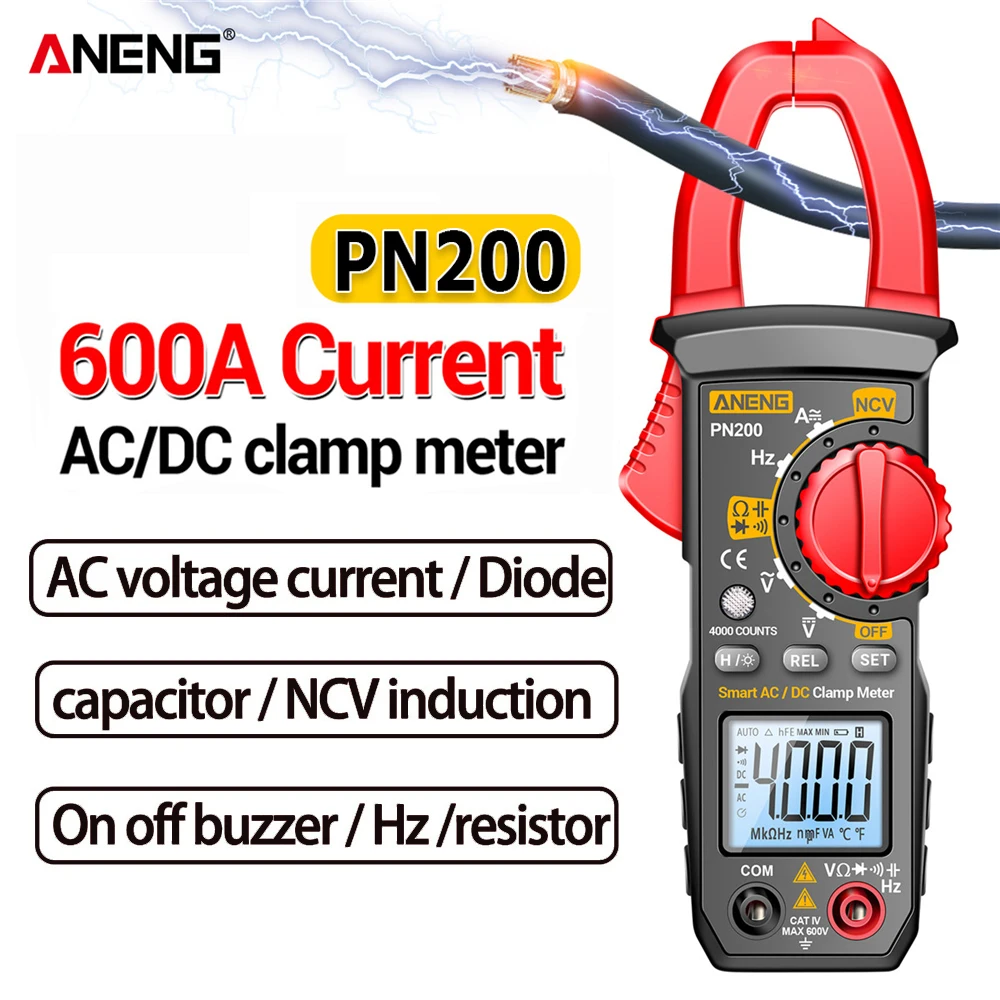 ANENG Digital Clamp Meter Multimeter 4000 Counts DC/AC 600A Current  PN200 Ammeter Voltage Tester Hz Capacitance NCV Ohm Test