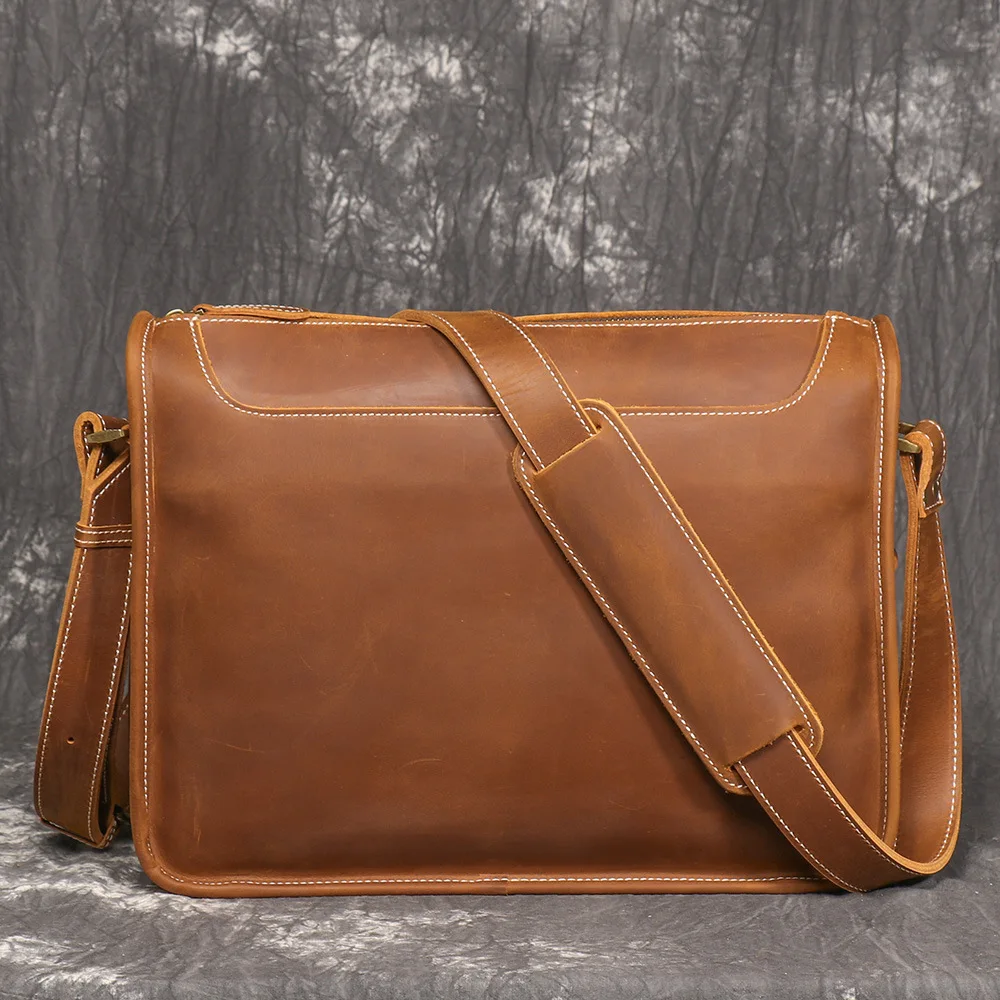 

Men's crazy horse leather retro single-shoulder bag, simple crossbody bag, large-capacity briefcase, messenger bag