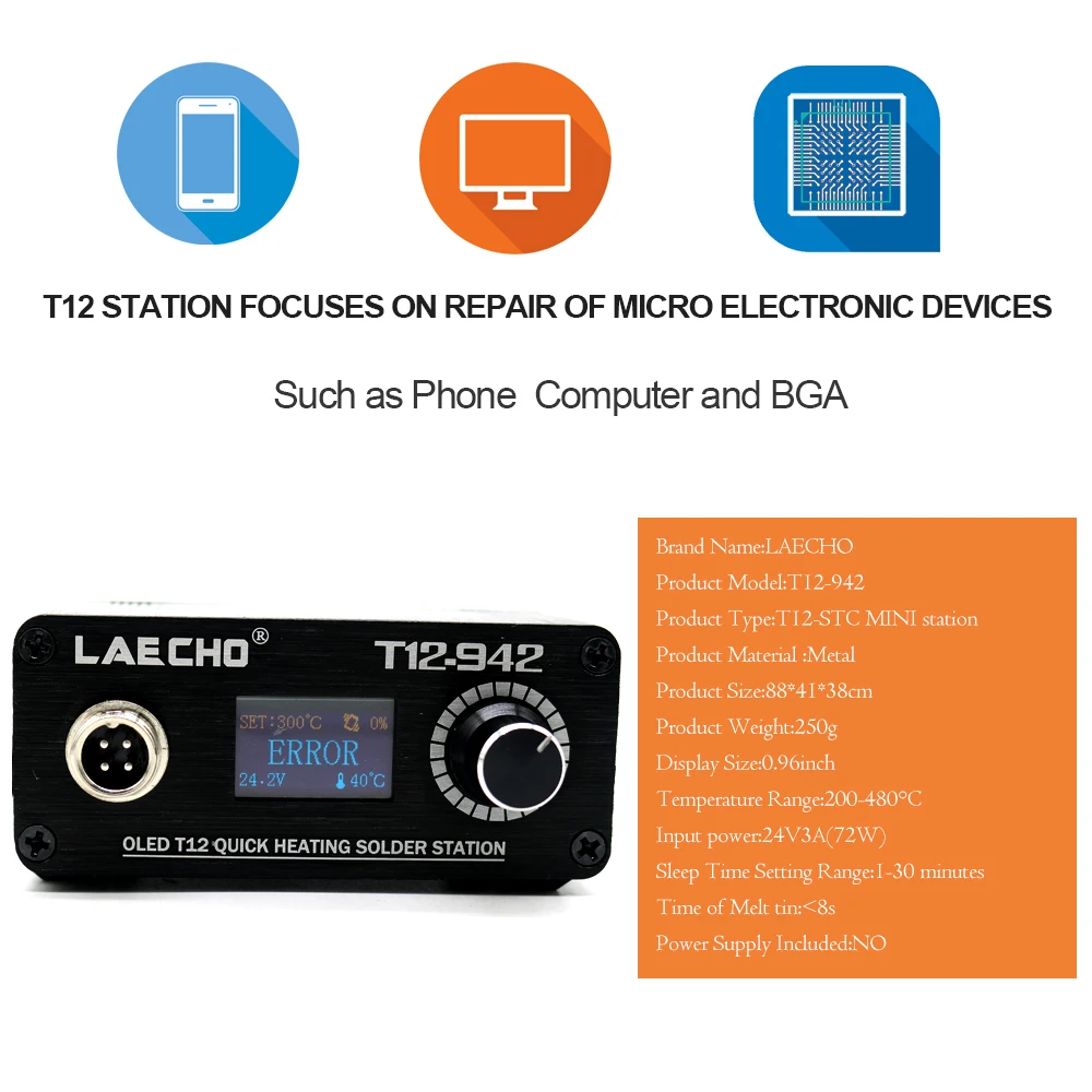 LAECHO T12-942 MINI OLED Digital soldering station T12-907 handle with T12-ILS JL02 BL BC1 KU iron tips without power supply