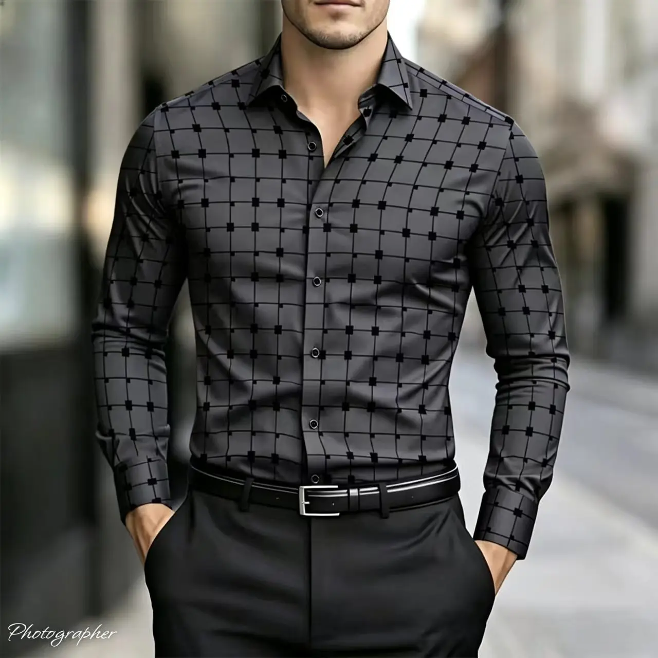 Men's elegant geometric square striped printed long sleeved shirt, business casual shirt, 2026 modern and fashionable new style