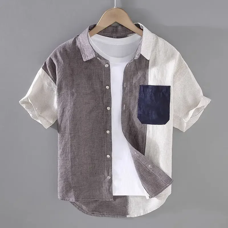 Casual Fashion Contrast Color Patchwork Shirt Male Short Sleeve Buttons Pocket Simple All-match Cardigan Blouse Top Men XT910