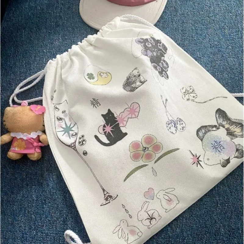 Cartoon Kawaii Cat Print Preppy Sweet Schoolbags Drawstring Women Students Canvas Bags Streetwear All Match Trendy Backpacks Y2k