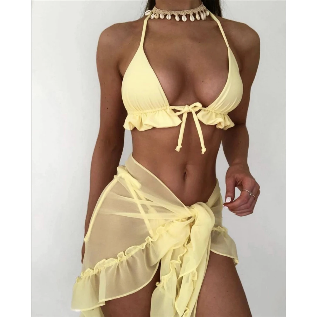 Sexy Bikini mit Sarong, Neckholder und Rüschen, Damen-Badeanzug, dreiteiliges Bikini-Set, Badebekleidung, Badeanzug, Schwimmanzug V4144W – Detail 38