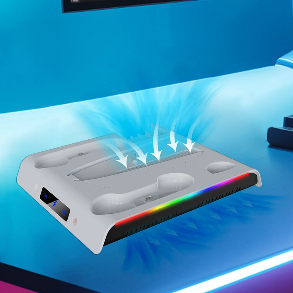 ل PS 5 سليم/PS 5 برو حامل التبريد وحدة تحكم محطة شحن 3 مستويات مروحة التبريد وحدة تحكم مزدوجة شاحن أضواء RGB