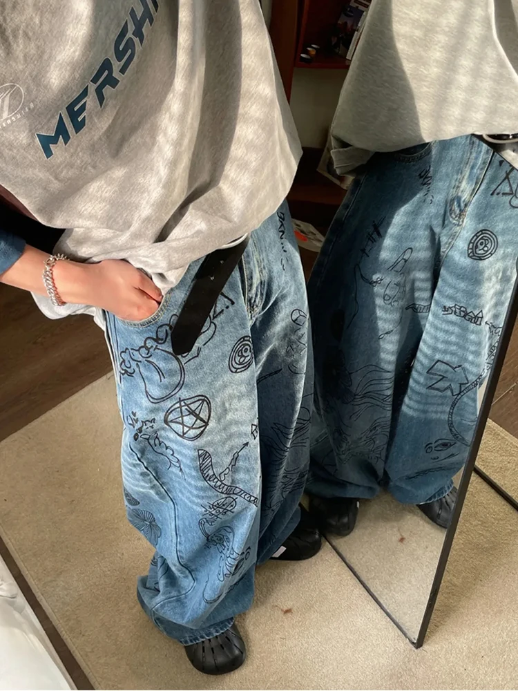 HOUZHOU pantalones vaqueros holgados de Hip Hop para hombre, Jeans azules de gran tamaño, pantalones de pierna ancha estampados, ropa de calle