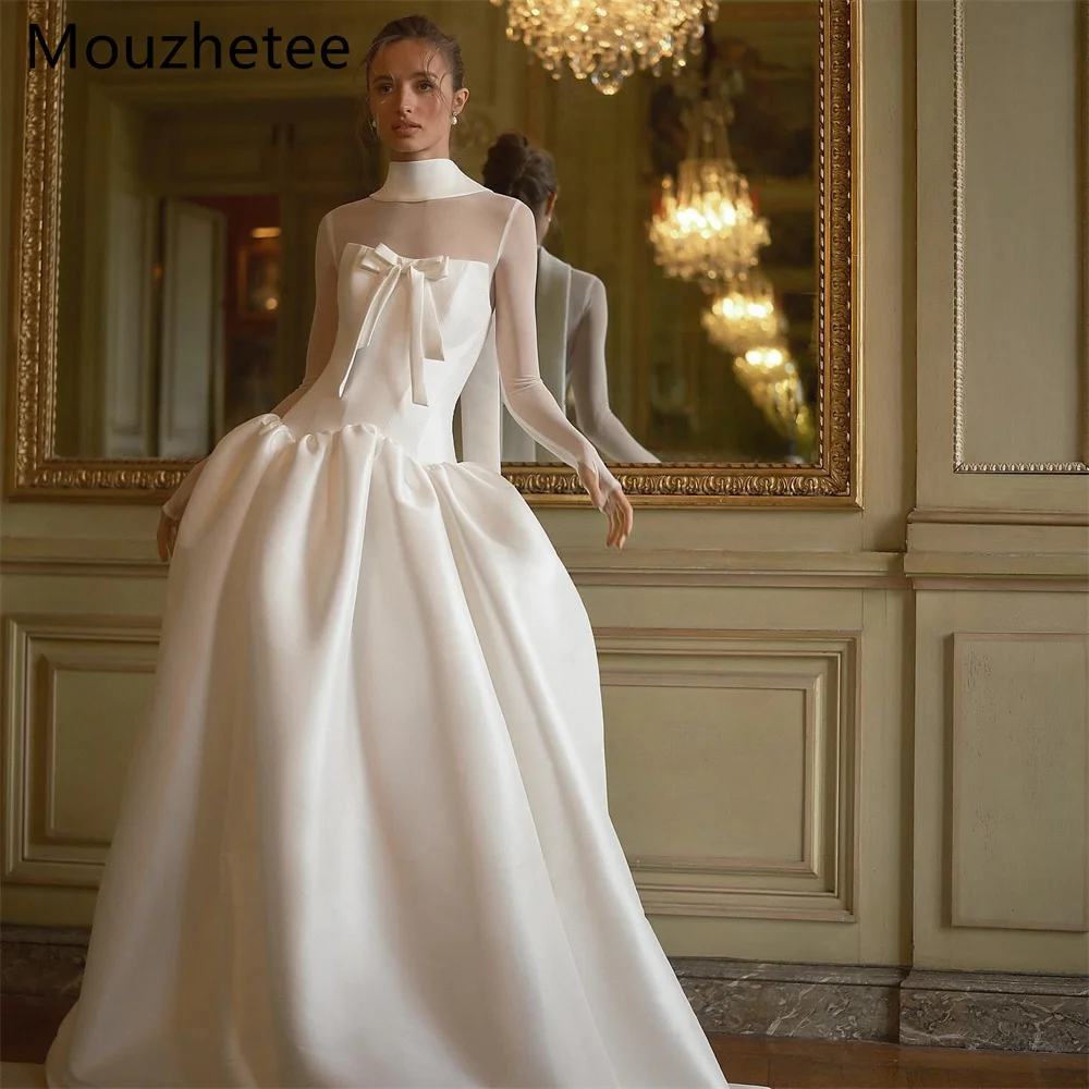 

Mouzhetee A-Line Bow O-Neck Pleat Simple Wedding Dresses Sleeveless Elegant Long Brides Gown Custom Made 2025