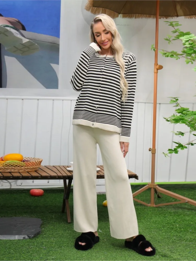 Knitted Autumn 2 Two Piece Set Women Striped Print Long Sleeve Modis Casual Ladies Blouses Wide Leg Korea Style Loose Woman Pant