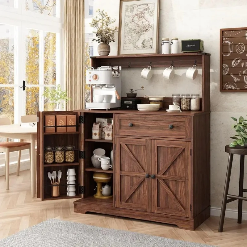 Farmhouse Coffee Bar Cabinet with Drawer, 39 Kitchen Hutch Sideboard Buffet Cabinet with Charging Station and Adjustable Ease