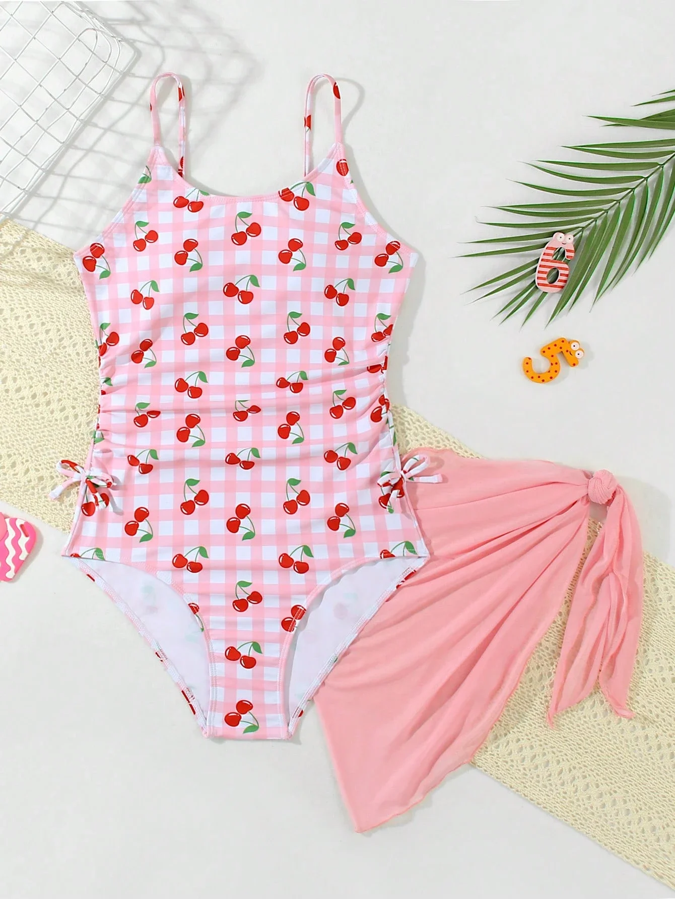 

Розовый слитный купальник в клетку с вишневым принтом и юбкой на завязках для девочек-подростков, летняя пляжная одежда