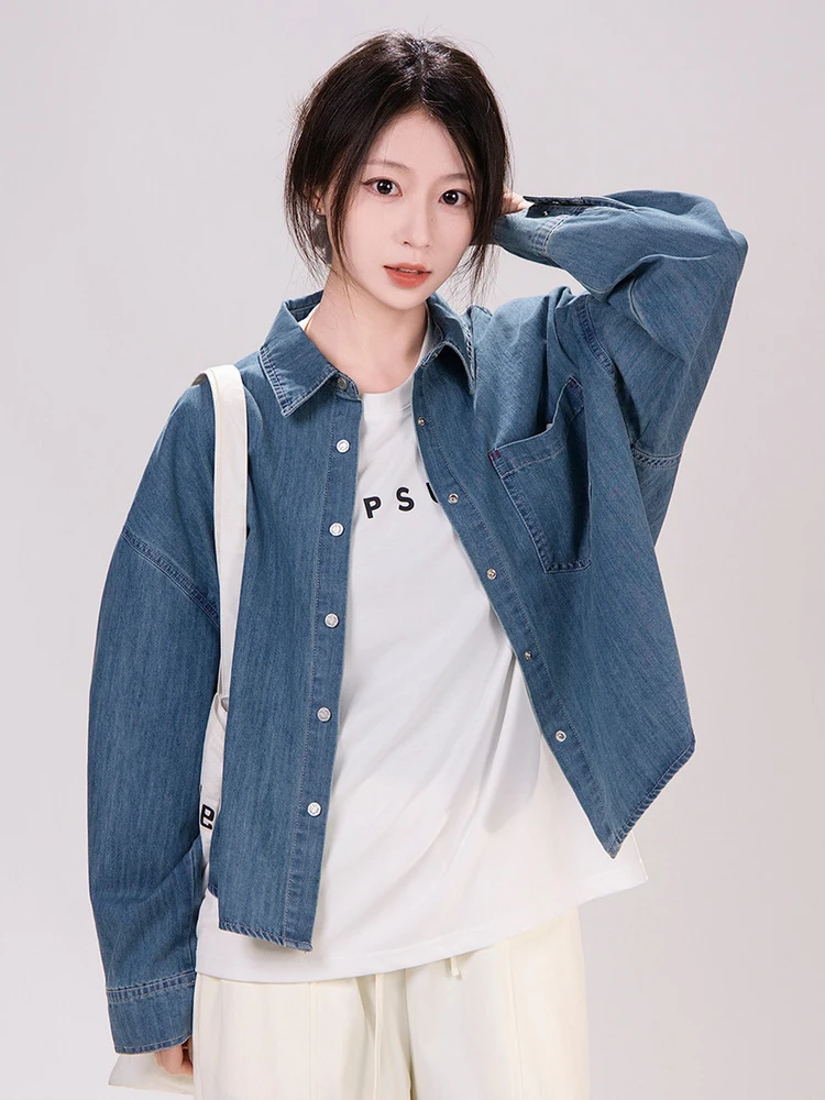 

Loose Fit Long Sleeve Short Denim Shirt Women's Casual Style Cotton Blend Spring Top Button Detail Gauze Pleat Pocket Thread