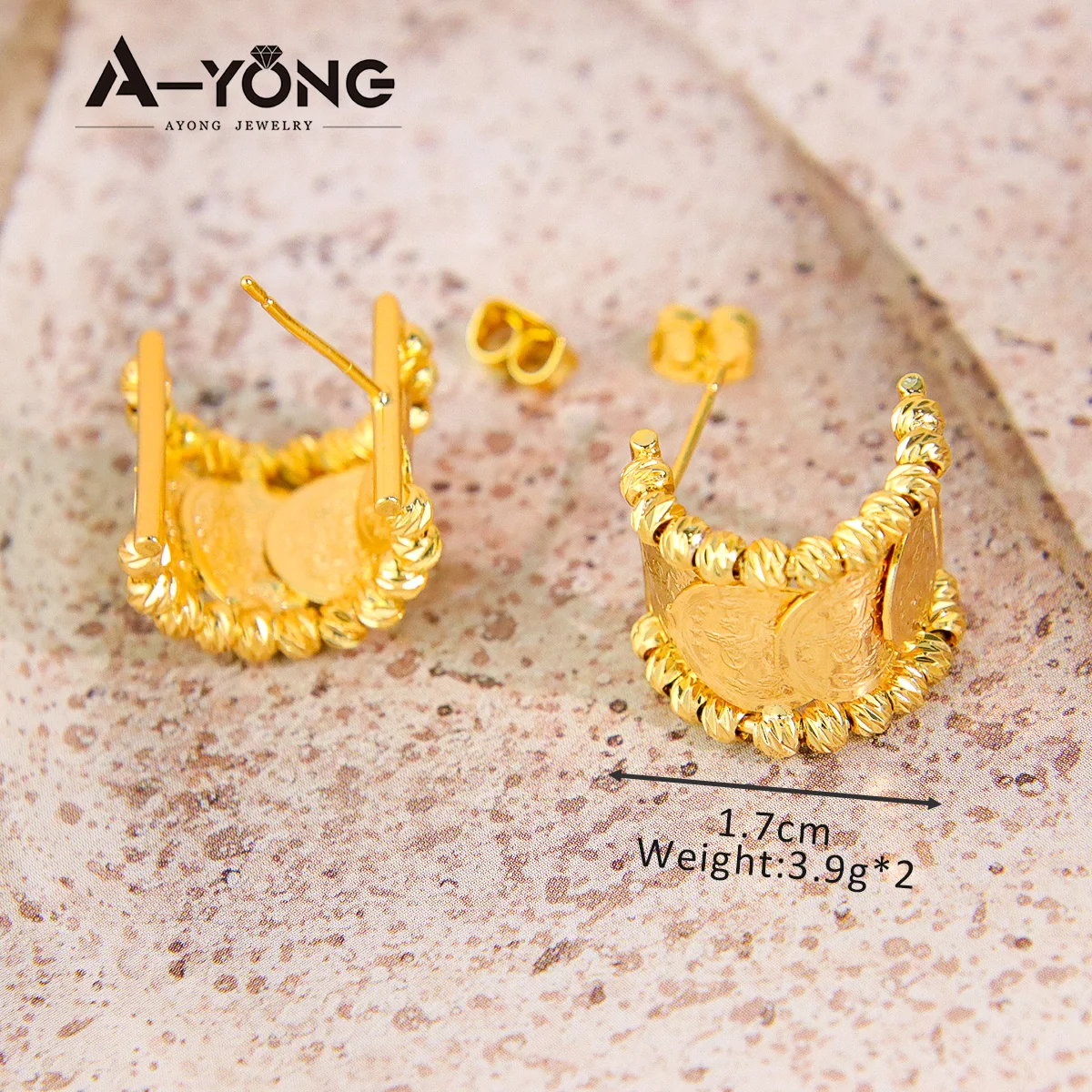 Turkish Vintage Coins Stud Earrings 24k Gold Plated Dubai Vintage Half Circle Earring Saudi Arabia Women Wedding Jewelry view 6
