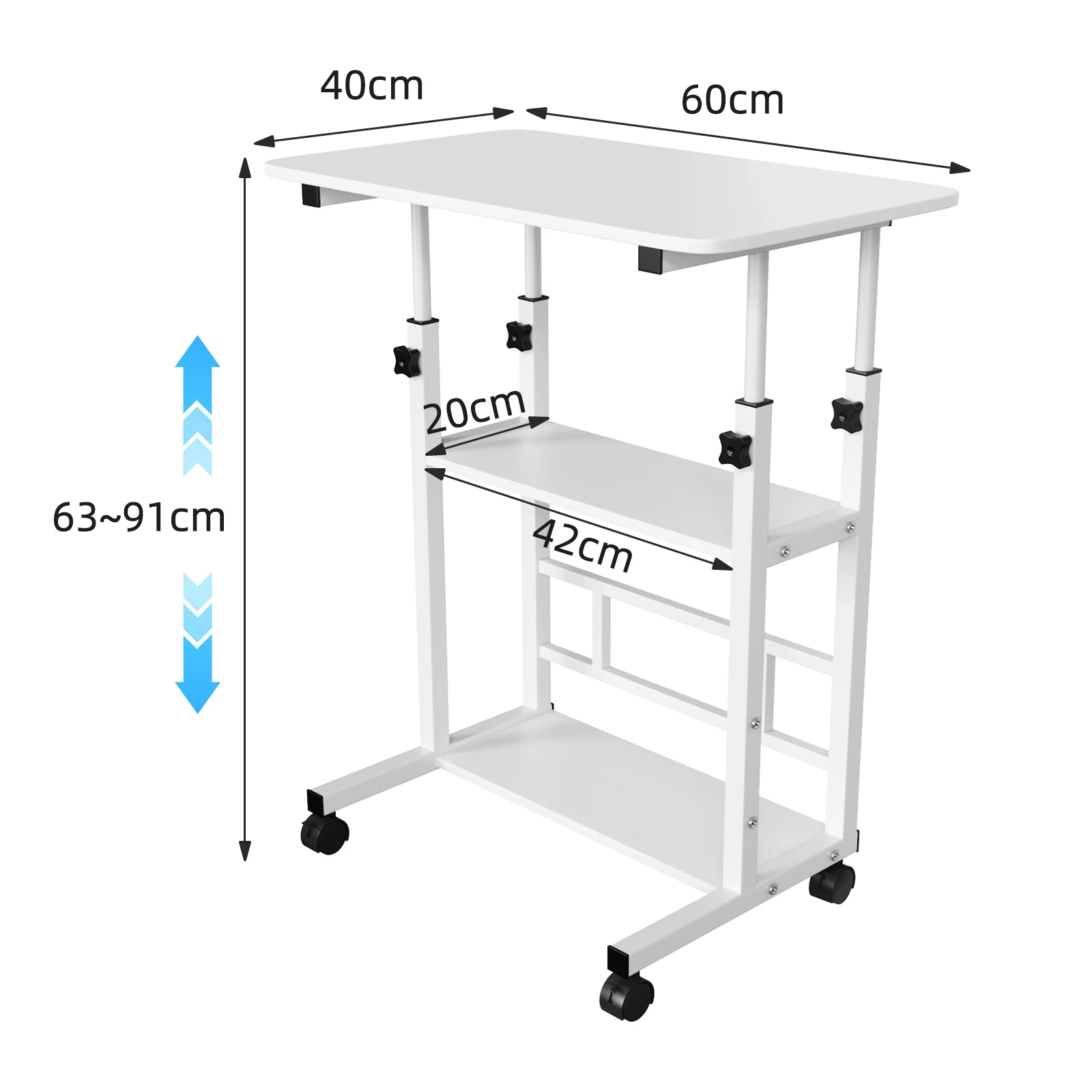 Beistelltisch, höhenverstellbarer Computertisch mit Rollen, 3 Regalen, Stehschreibtisch für Schlafzimmer, Wohnzimmer, 60 x 40 x 90 cm – Detail 1