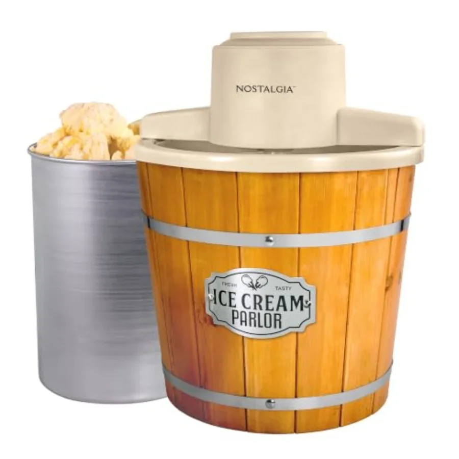 Electric Ice Cream Maker For Home Use- Aluminum Canister In Vintage Wooden Style- White- Makes Ice Cream, Frozen Yogurt Or Gela