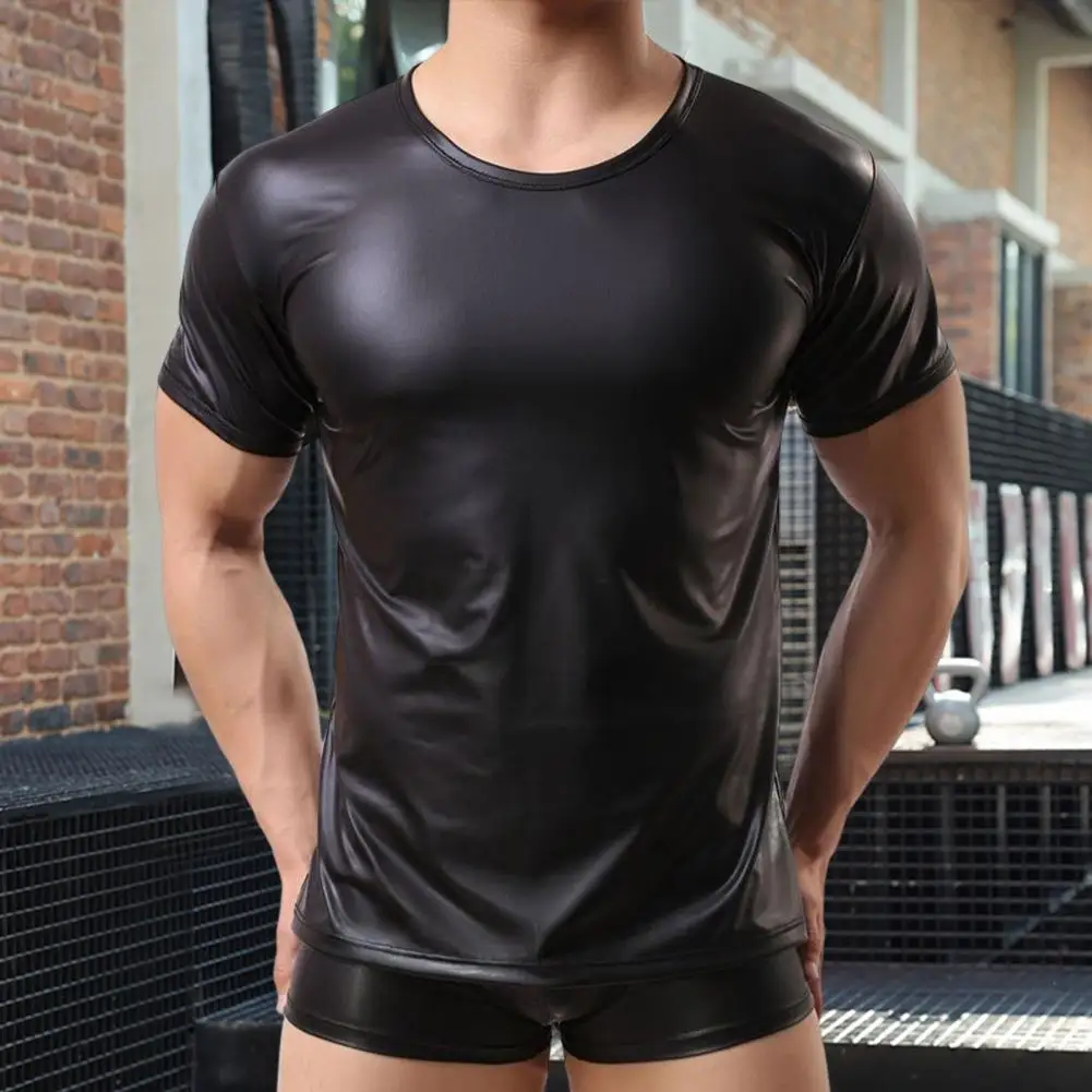 Men Faux Leather Tops Stretch Pu Leather Short Sleeve T-shirts Club Slim Bar Stage Performance Tee Shirt Elastic Tops Blouse