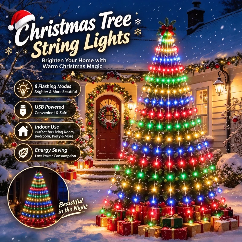 LED Christmas Tree String Lights 8 Flashing Modes Indoor USB Powered Winter Holiday Party Lighting Festive Home Atmosphere Decor