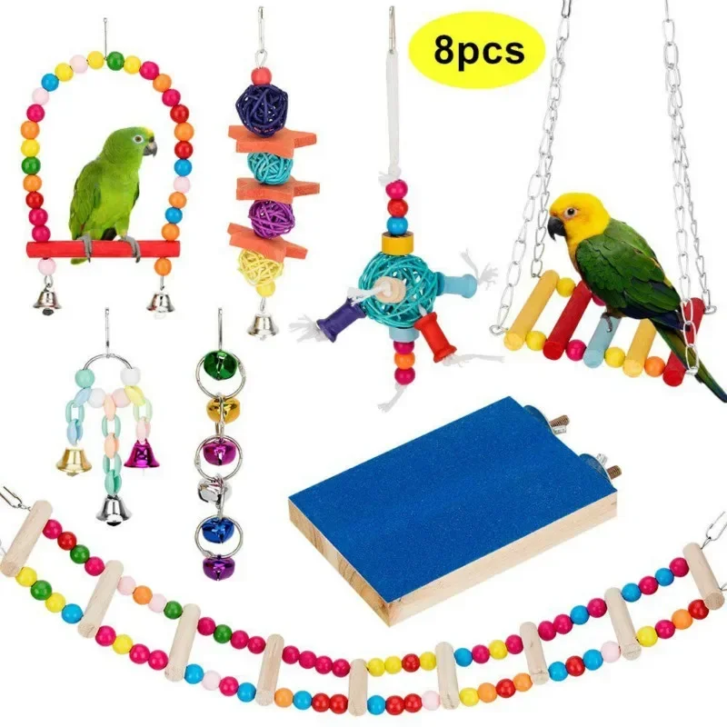 A Parrot Bite Toy Pet Bird Toys Swing Scrub Springboard Suspension Bridge 8-Piece Suit Color Random Match